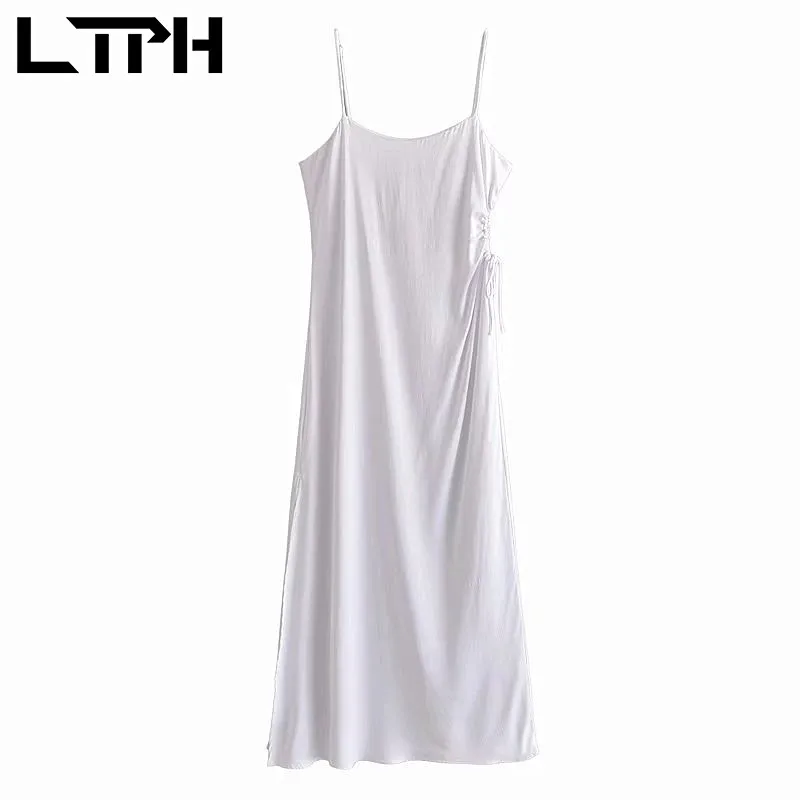 

LTPH white dress women sleeveless hollow out high waist sexy elegant satin texture camisole maxi dresses 2022 summer new