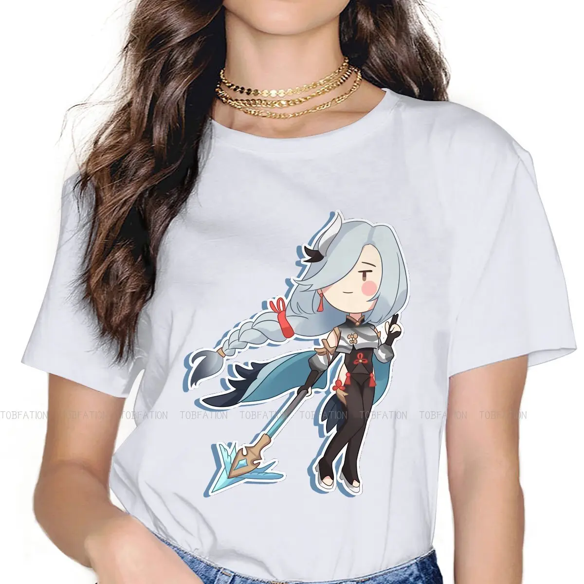 

Милая женская футболка Shenhe, футболки для игры Genshin Impact, Дамская Футболка в стиле Харадзюку, базовая летняя футболка большого размера