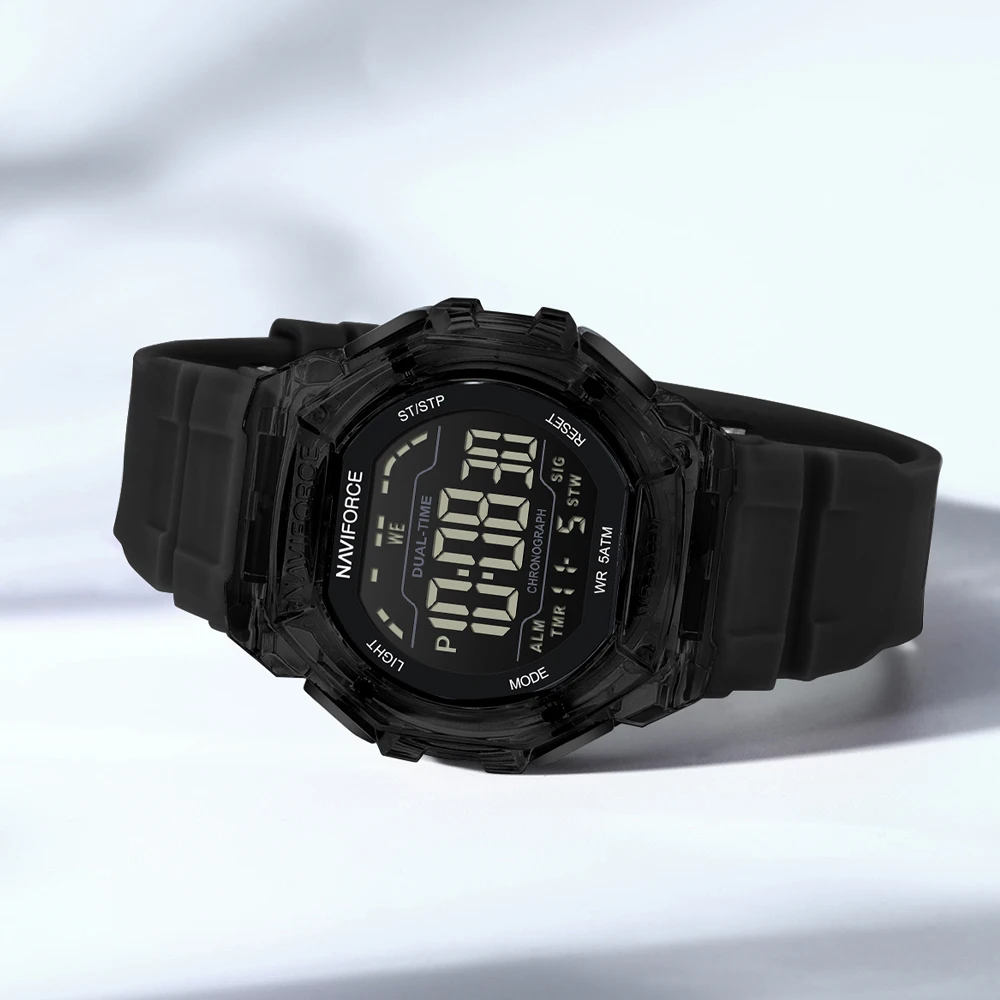 Фото Многофункциональные мужские цифровые часы NAVIFORCE с LED-дисплеем, отображением даты и дня недели, будильником, водонепроницаемые, для активного отдыха, с силиконовым ремешком, электронные часы. №4
