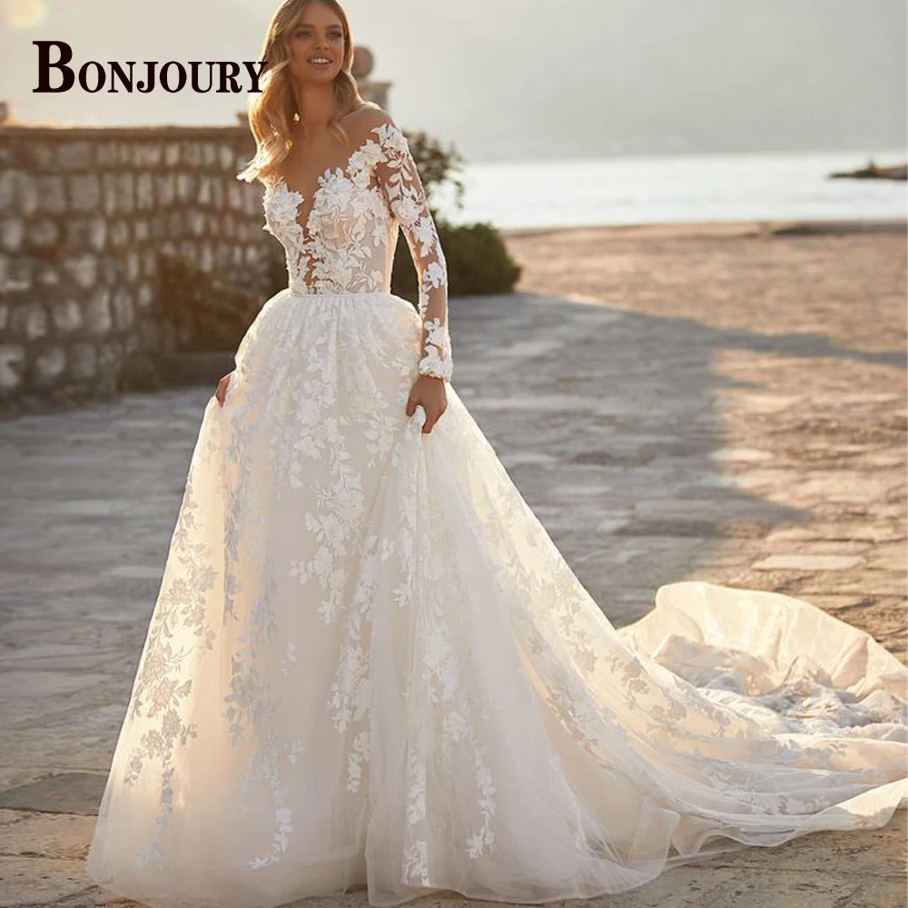 

BONJOURY Fashionable Wedding Dresses For Women Aline 2023 Bride Tulle SCOOP Backless Appliques Customised Vestido De Novia