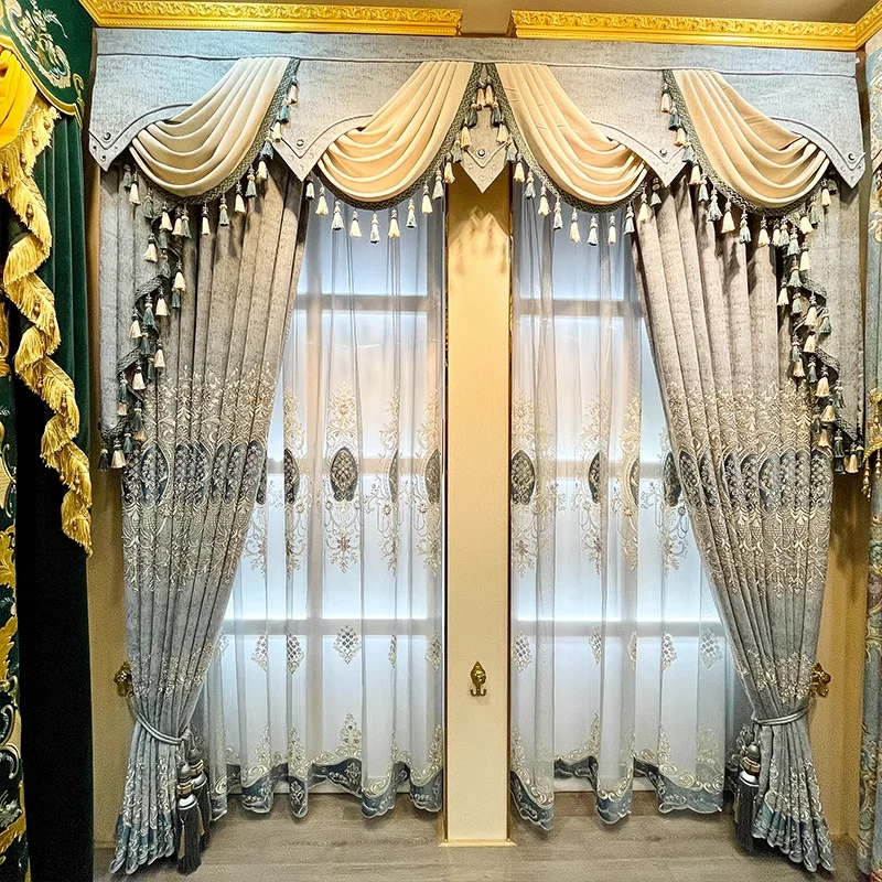 

Luxury European Style Cortinas Retro Curtains for Living Room Bedroom Gray Chenille Embroidered Drapes Palace Blackout Curtains