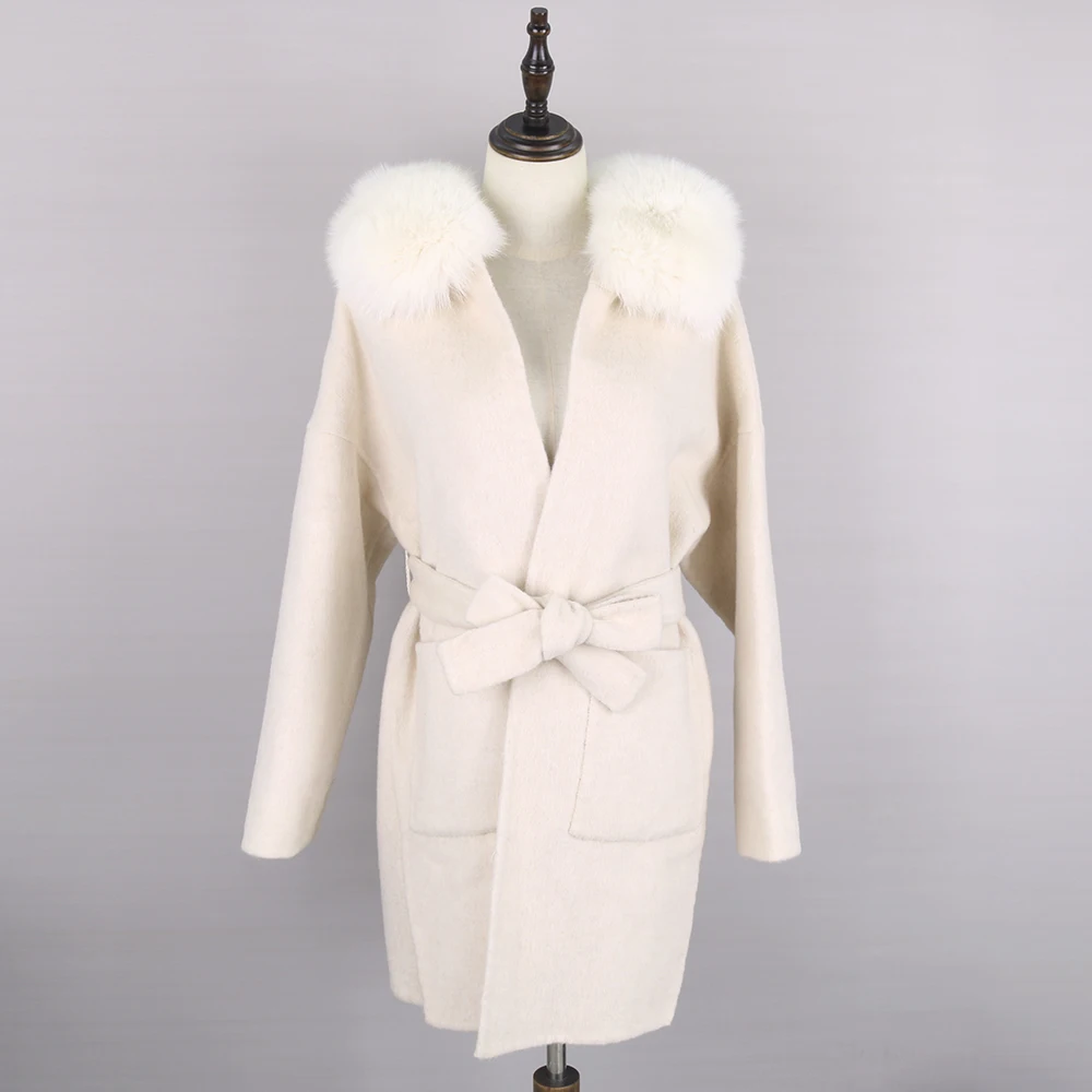 FURYOUME 2022 Winter Women Casual Cashmere Wool Blends Real Fur Coat Natural Fox Fur Collar Hooded Jacket Streetwear Loose Brand