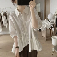 fashion women minimalism blouse half sleeve single breasted lapel slim pleated patchwork elegant chic fresh ladies leisure tops