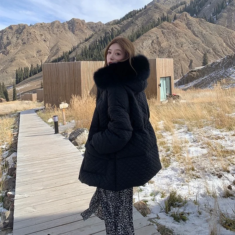 New Winter Real Large Natural Fur Hooded Long Down Jacket Women 90% White Duck Down Coat Loose Thick Warm