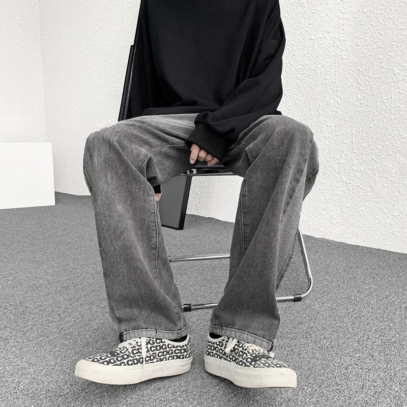 Jeans Men Design Print Mid Waist Oversize Baggy Jean Streetwear Zipper Fly Straight Denim Trousers Hip Hop Retro Ulzzang Teens