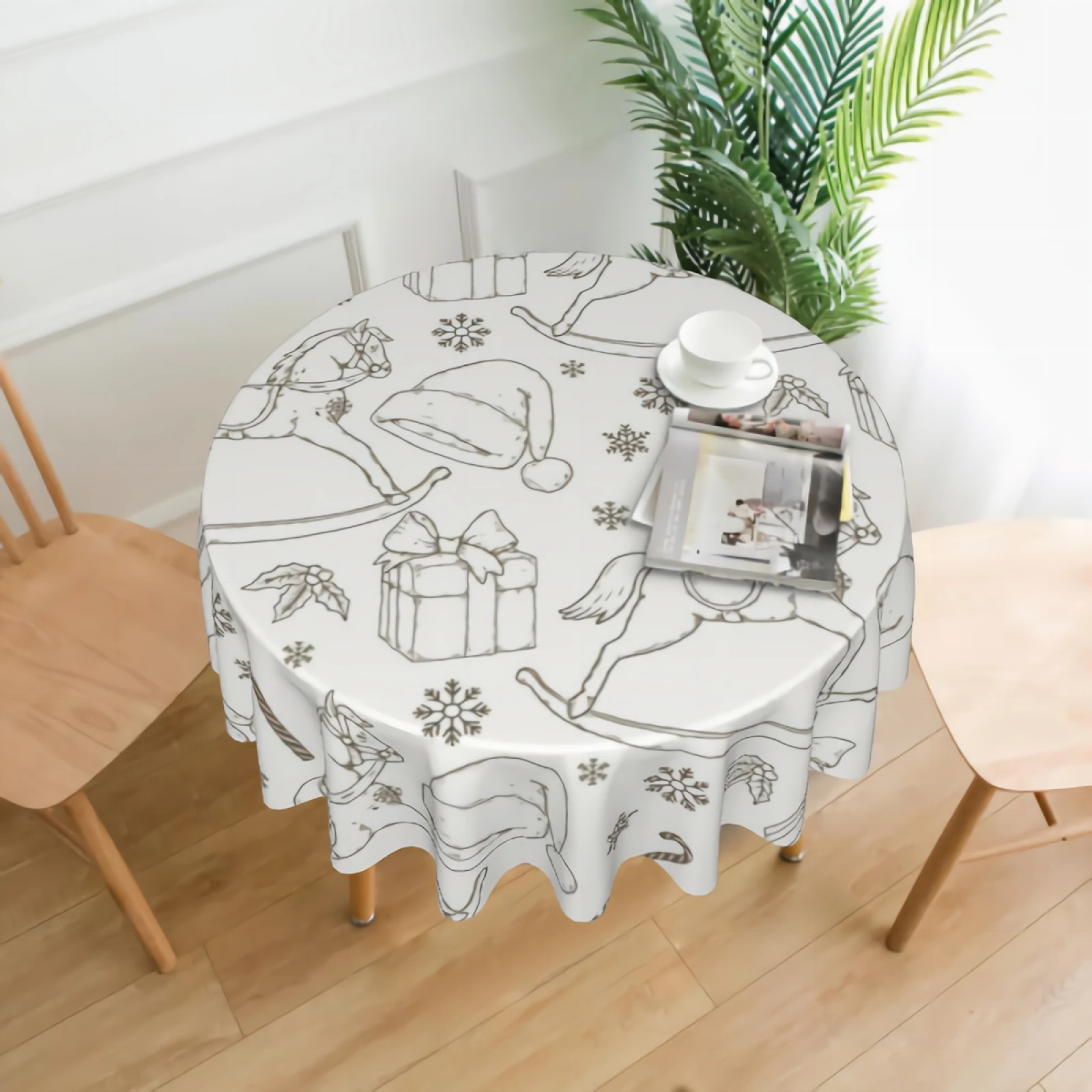 

Hand Drawn Christmas Pattern Tablecloth 60 Inch Round Table Cloth Polyester Table Cover for Party Picnic Tabletop Dining Room