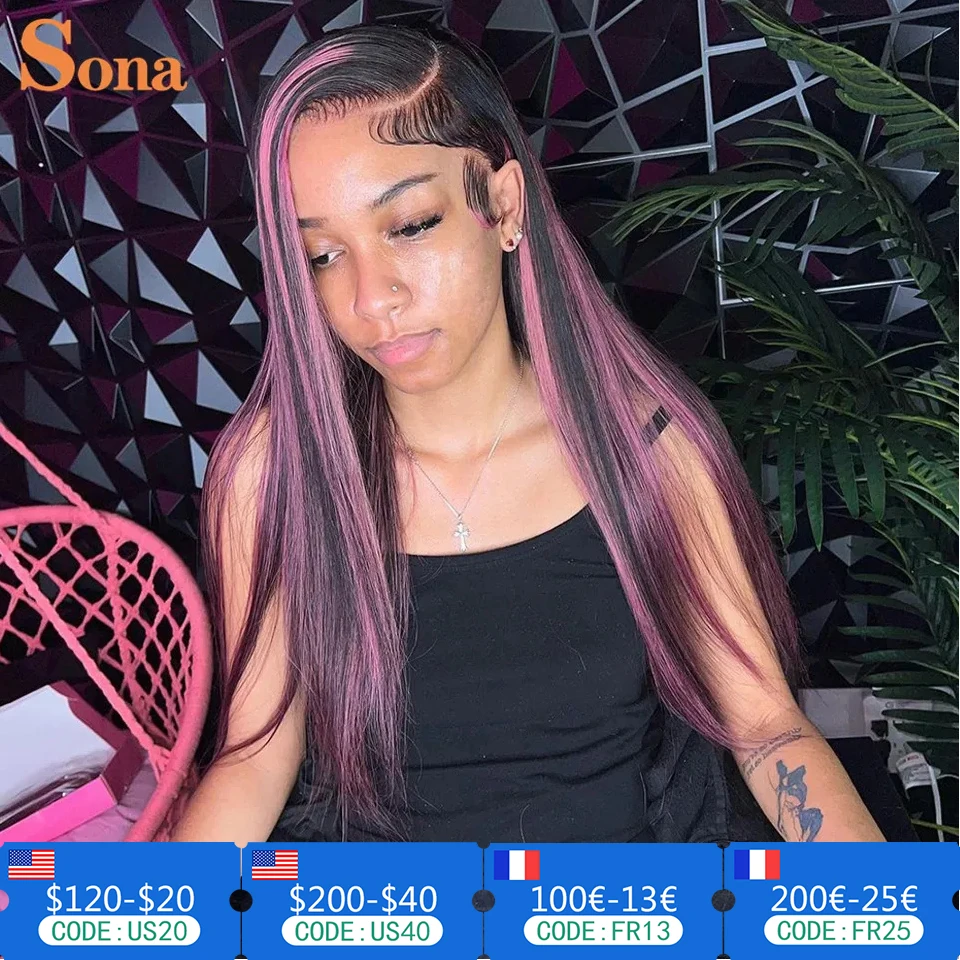 HD Transparent 4x4 5x5 13x4 13x6 Black Hair with Pink Highlight Wig Human Hair Straight Lace Frontal/ Front Wig with Highlights