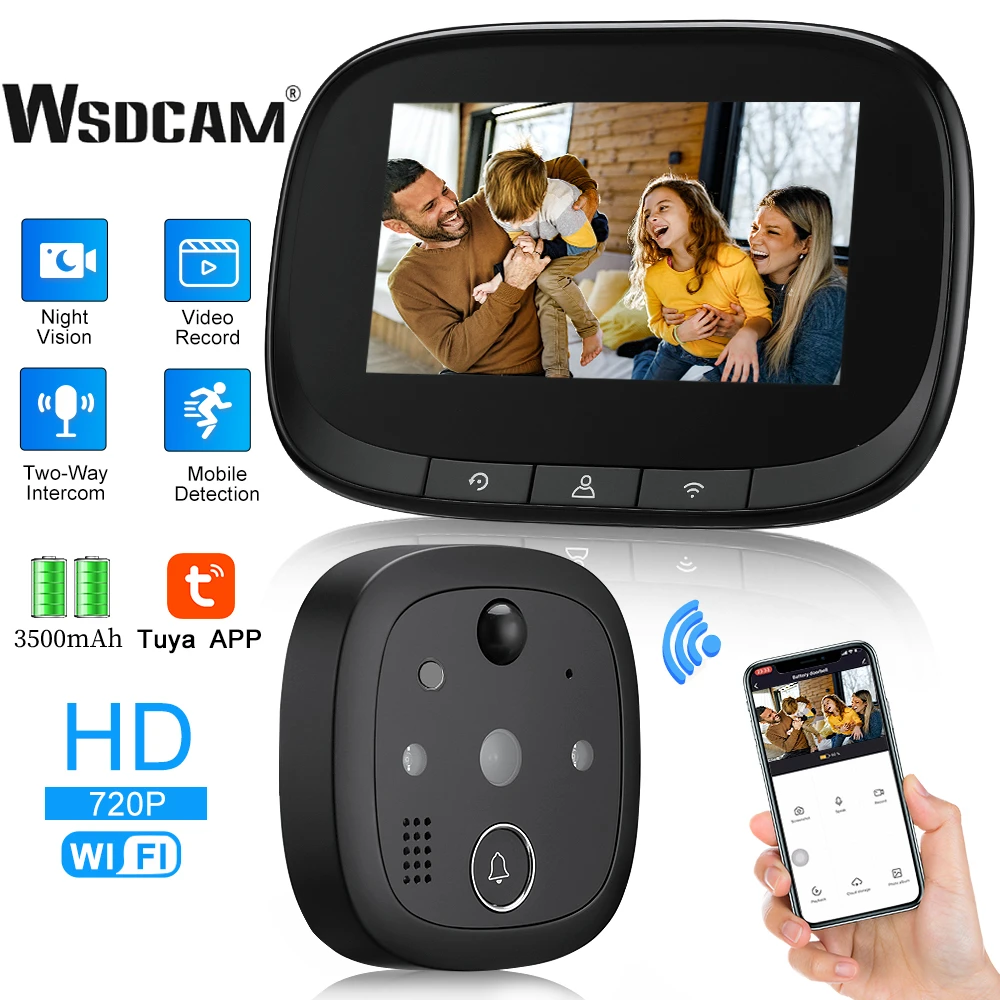 WSDCAM Tuya الذكية جرس باب مزود بتقنية WiFi مع 720P كاميرا فيديو ثقب الباب لباب 4.3 