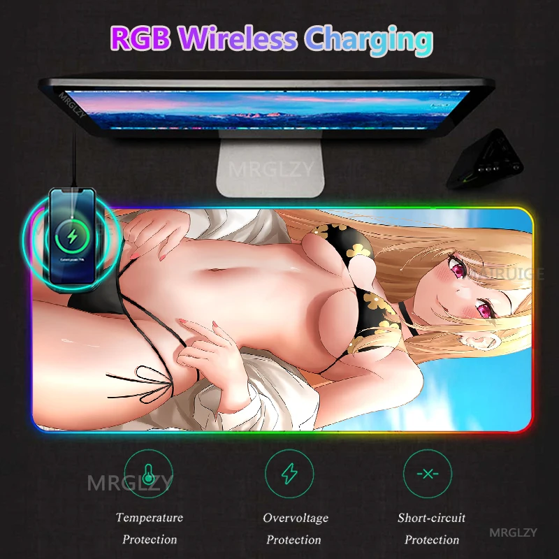 

Anime My Dress-Up Darling RGB LED Mouse Pad Sexy Marin Backlit Wireless Charging Gaming Accessories Playmats Table Mat Carpets