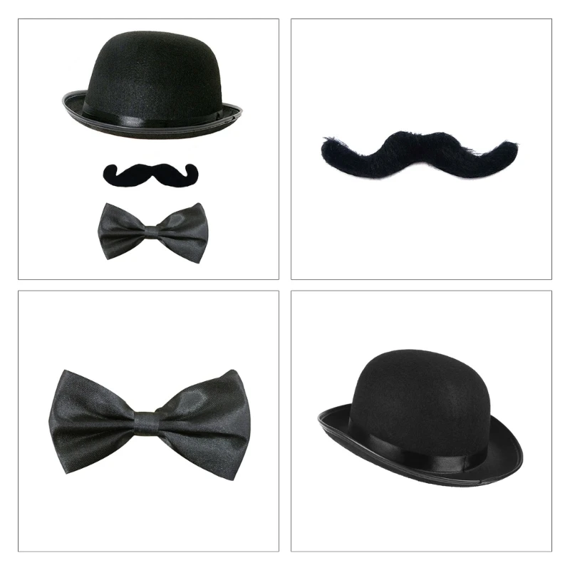 Unisex Retro Magician Hat Modern Times Faux Moustache Bowtie Cos Detective Tools