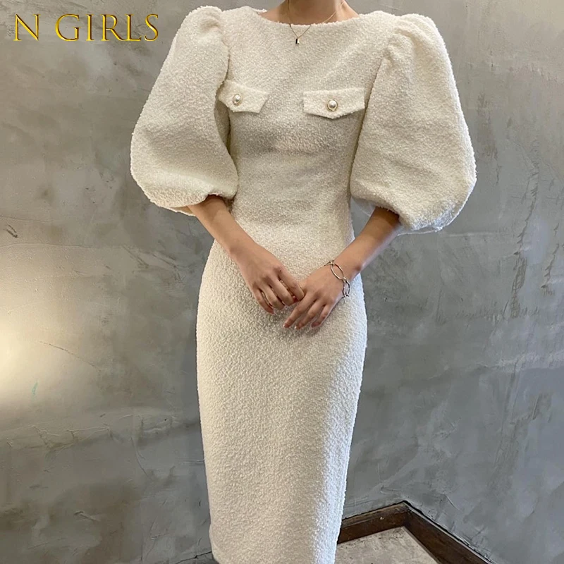 

M GIRLS Korejepo Korean Chic Dress French Temperament New Round Neck Button Slim Fit Hip Thin Lantern Sleeve Tweed Dresses