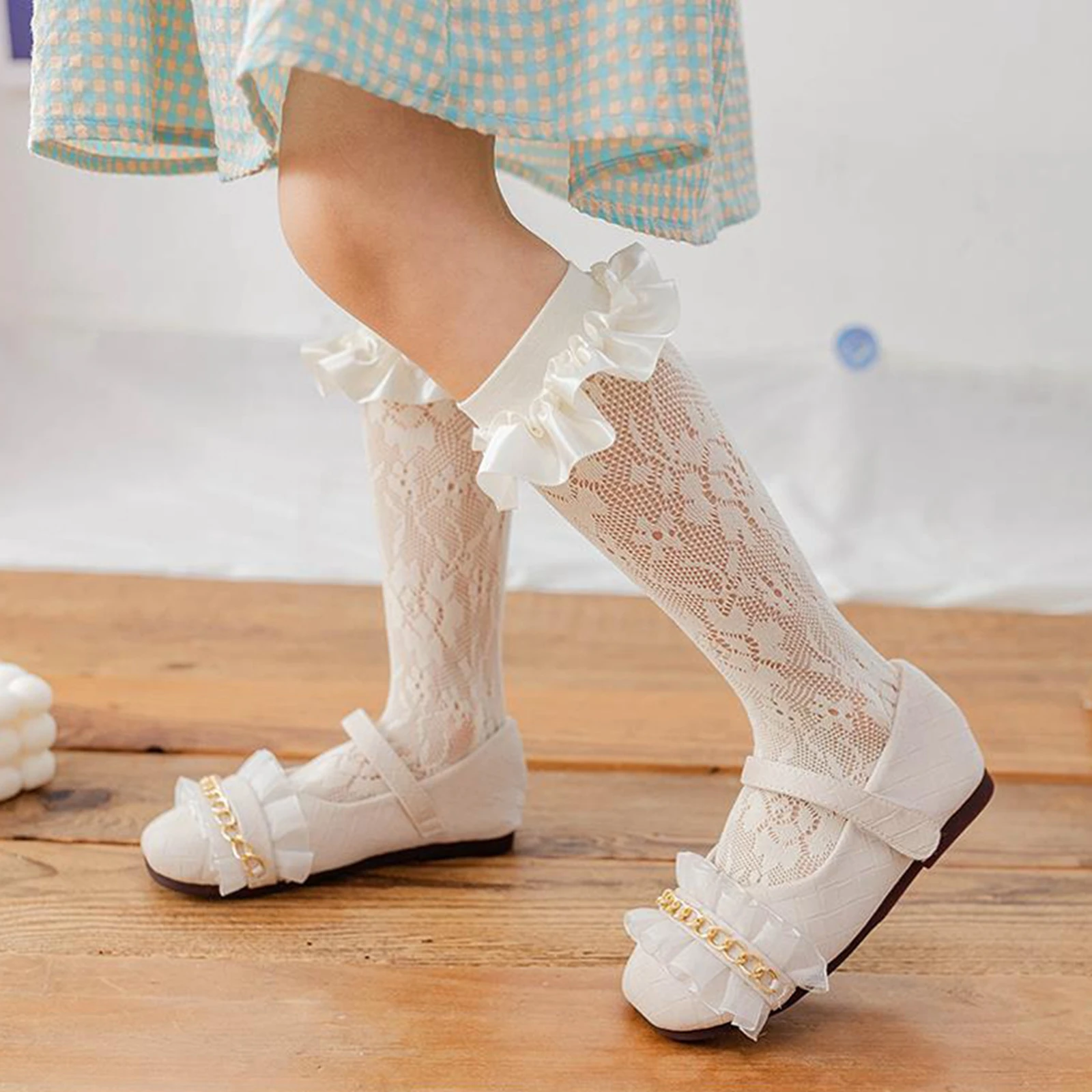 Носки до колен для девочек 0-10 лет дышащие однотонные милые кружевные чулки с