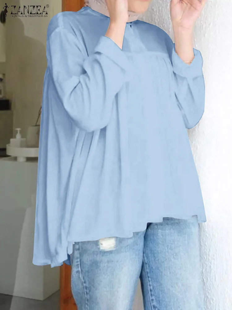 

Loose Kaftan Elegant Buttons Chemise Muslim Tunic Tops Femme ZANZEA Fashion Women Solid Shirt Spring Long Sleeve O Neck Blouse