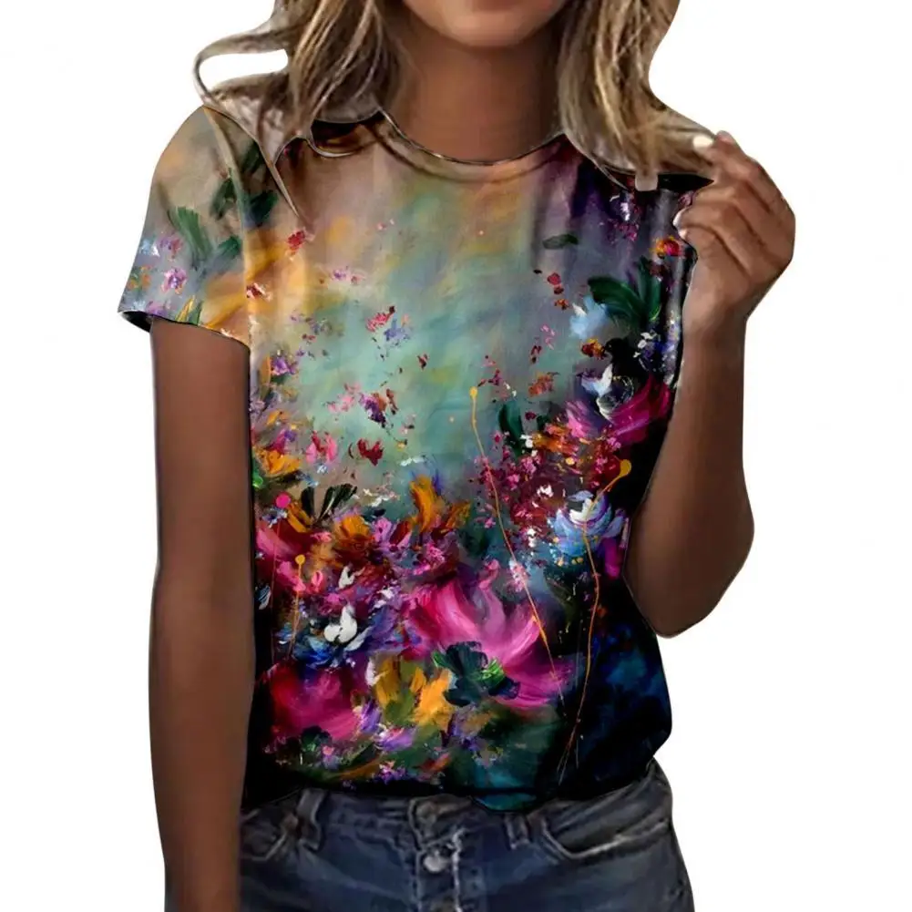 

Women T-Shirt O Neck All-match Cool Flower Print Casual Top for Daily Wear