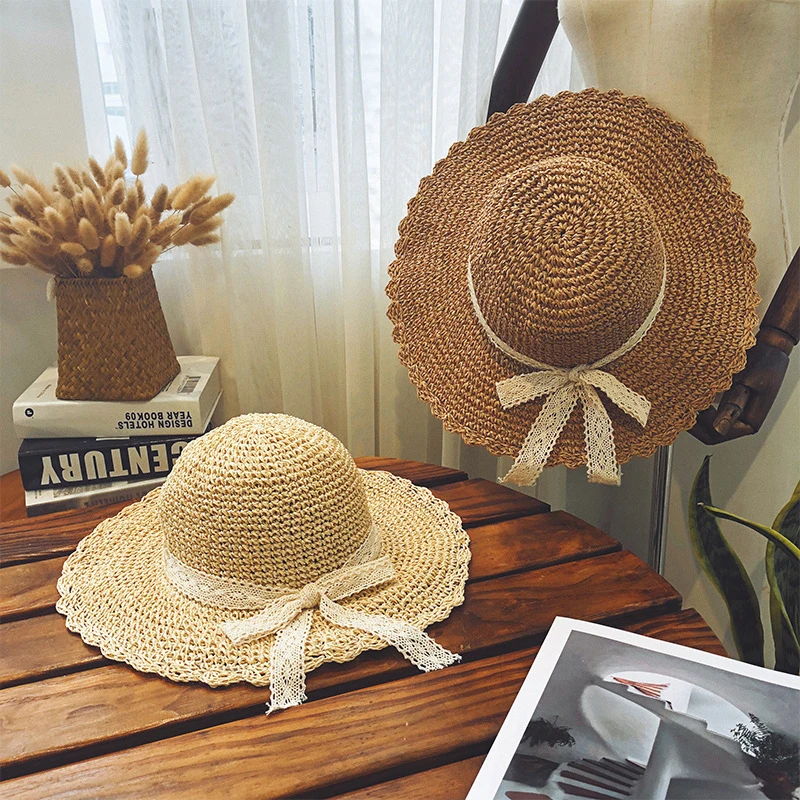 

New Women's Summer Seaside UV Protection Sun Hat Lace Decorative Bow Straw Hat Wide Brim Floppy Foldable Travel Beach Hat