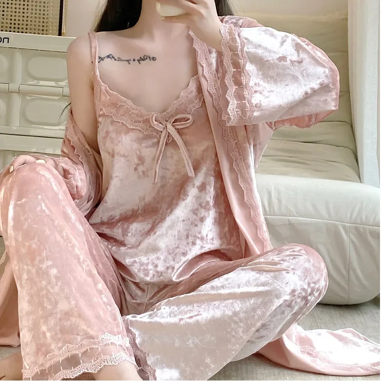 Сексуальное кружевное кимоно халат одежда для сна розовый бархат пижамный