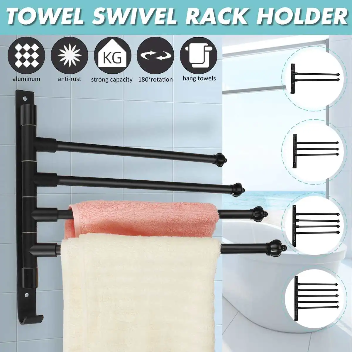 

2/3/4/5 Arms Matte Black Bathroom Swivel Towel Bar Space Saving Swinging Towel Rack Shelf Wall Mounted Towel Holder with Hooks