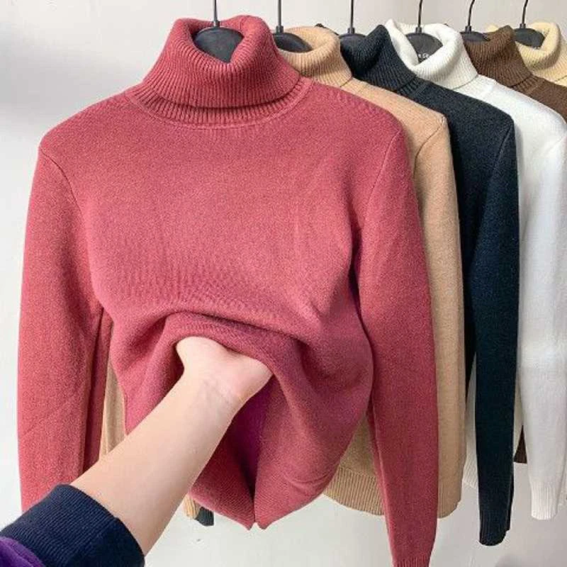 

Корейский облегающий плотный бархатный свитер с высоким воротником, женские зимние вязаные пуловеры 2022, Повседневная теплая трикотажная о...