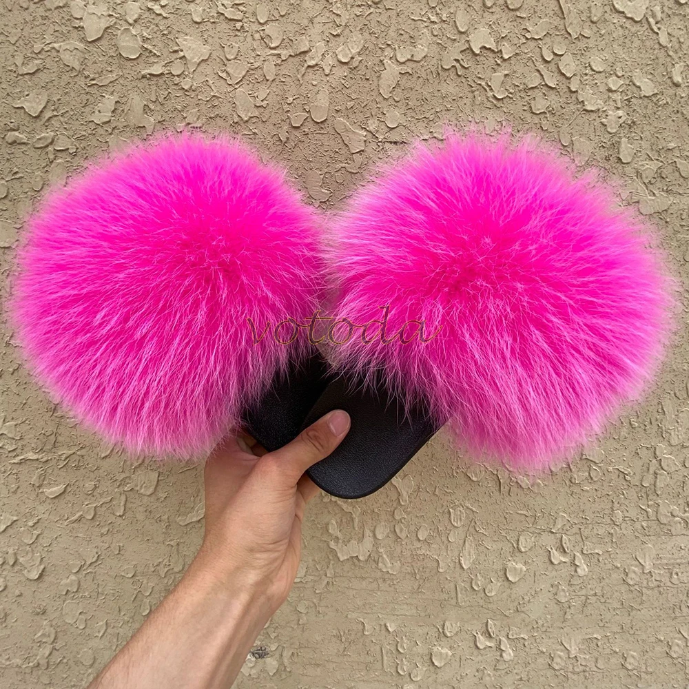 Summer Kids Fur Slippers Fluffy Raccoon Fur Slides Toddler Furry Fox Fur Flip Flops Children Rainbow Fur Sandal Girls Flat Shoes images - 6