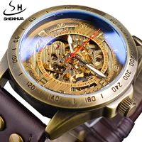 retro style men automatic mechanical watch skeleton steampunk genuine leather band mens self winding wrist watches men reloj