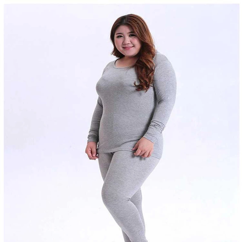 2022 New Women's Thermal Underwear Set Fleece Ladies Plus Fat Warm Women Set Thin Round Neck Over Large Size Thermal Under Wear