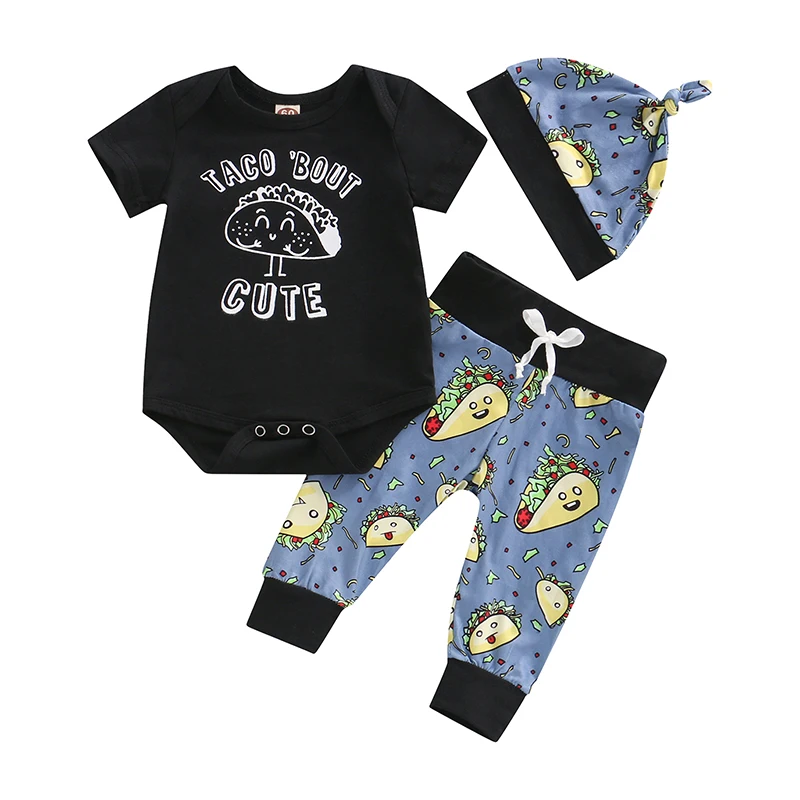 

Infant Baby 3Pcs Outfit, Letter Print Short Sleeve Romper + Cartoon Taco Print Long Pants + Knotted Hat Set