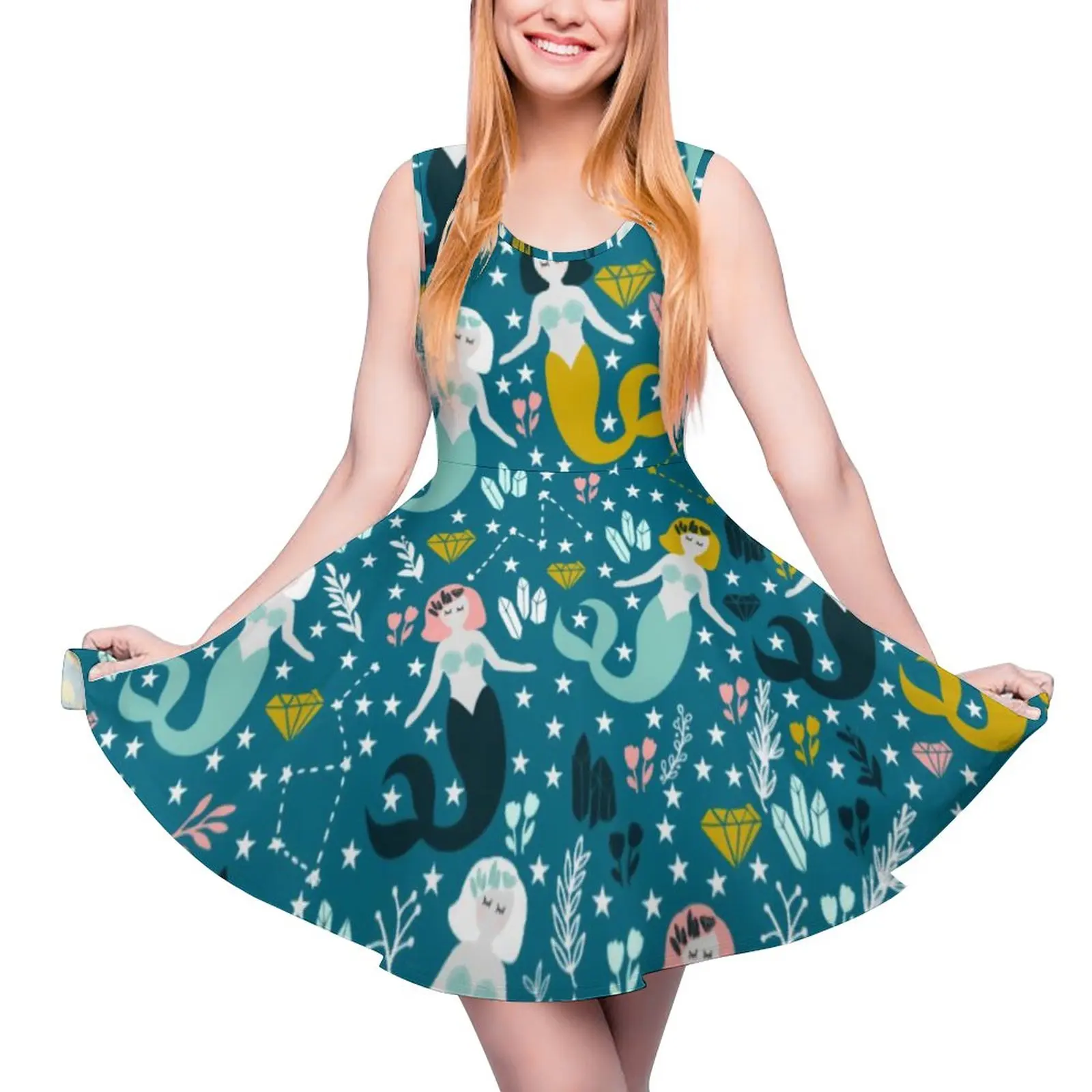 

Cute Mermaid Dress Stars And Floral Print Casual Dresses Women Elegant Skate Dress Summer Custom Vestido Big Size