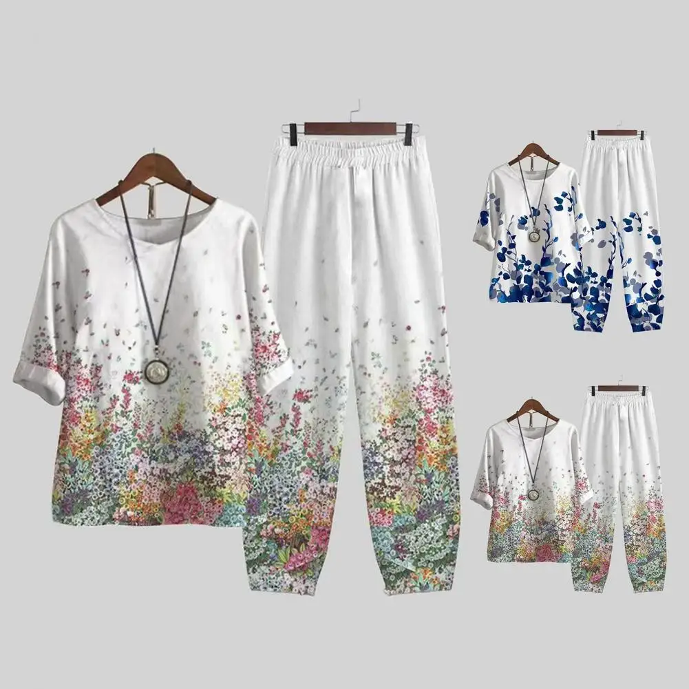 

Retro Outfit Mid-rise Lightweight Summer Colorful Floral Print Top Pants Set Breathable T-shirt Trousers Set Streetwear