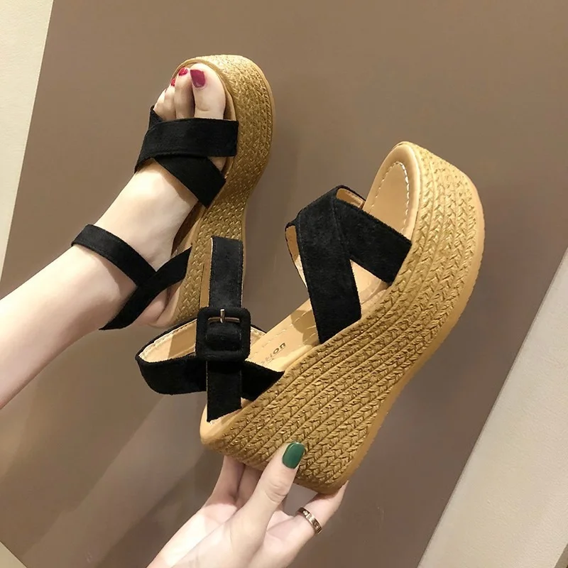 

Fashion Womens Shoes 2022 Black Platform Sandals with Heel Suit Female Beige Buckle Strap Muffins Shoe Luxury Pumps Espadrilles
