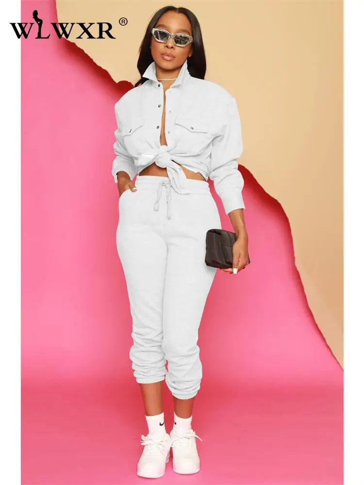 

WLWXR Fall Streetwear White Two 2 Piece Sets Womens Outifits Longs Sleeve Bandage Shirts Loose Pants Sweatsuits Matching Sets
