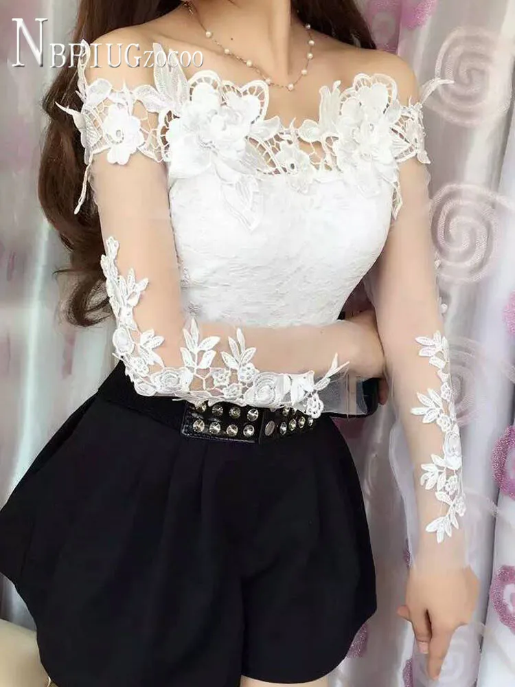

Expose Shoulder Slim 2022 Spring Women Blouse Embroidery Sexy Female Blouses