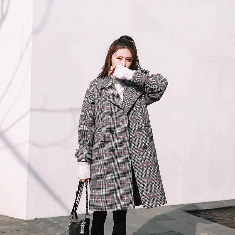 

Women Outerwear Plaid Pocket Loose Long Sleeve Wool Coat 2022 Winter Warmth Cotton Long Casual Overcoat Autum Ladies Coat Women