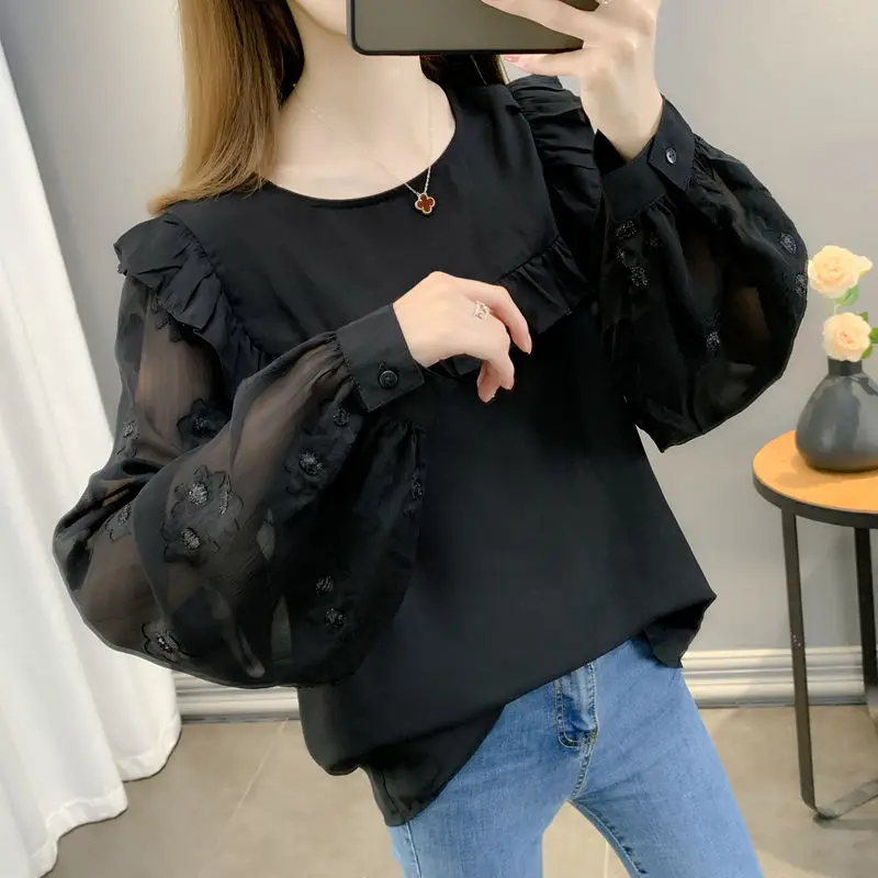 

Elegant Solid Color Spliced Loose Lace Ruffles Blouse Women's Clothing 2023 Spring New Oversized Casual Pullovers Commute Shirt