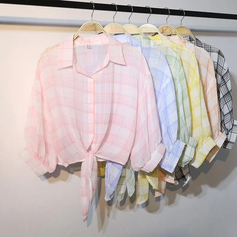 

Woman Chiffon Plaid Shirts Female Fashion Baggy Elegant Lightweight Sun Protection Short Sleeve Outerwear Female Casual Top G236