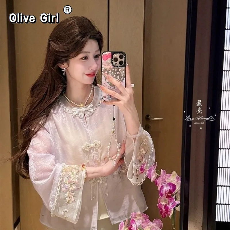 Фото Женская розовая шуба Olivegirl с синей вышивкой в виде цветов, шифоновая куртка, весна 2026, роскошный высококачественный топ в нежном сказочном стиле №1