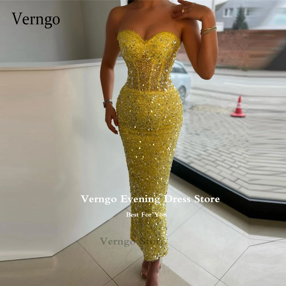 

Verngo Sparkly Glitter Yellow Sequin Mermaid Prom Dresses Sweetheart Boning Ankle Length Dubai Arabic Women Evening Party Gowns