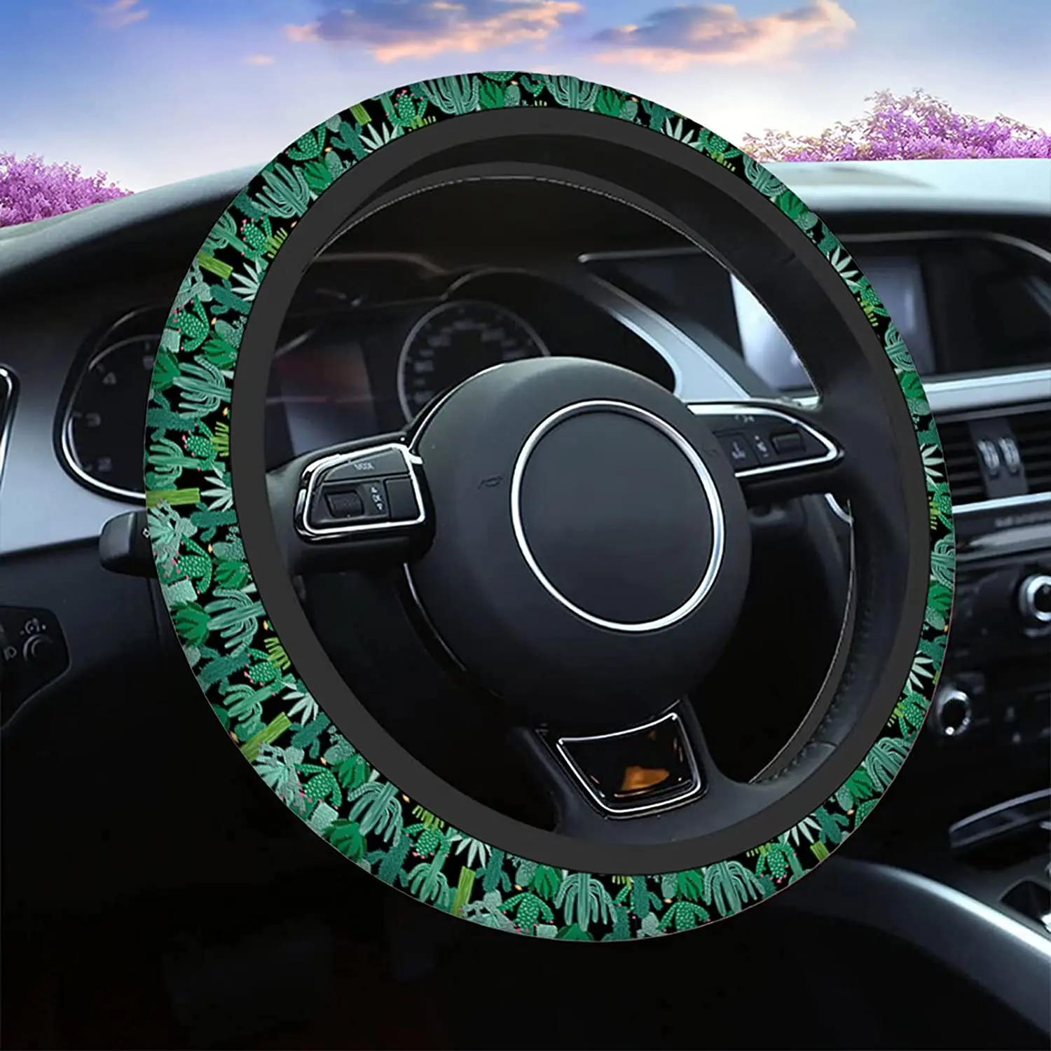 

Cactus Steering Wheel Cover Cartoon Cactus Pattern On Black Universal 15 Inch Auto Car Steering Wheel Covers SUV Anti Slip