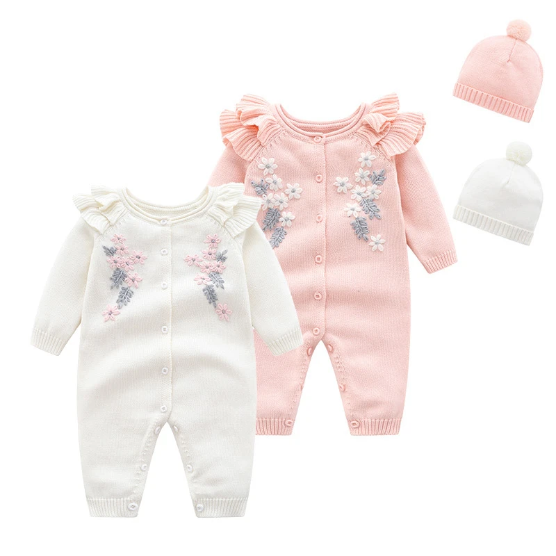 

Warm Knitted Baby Romper With Hat Cute Long Sleeve Newborn Girls Jumpsuit Toddler Overalls Soft Comfortable Princess Clothes