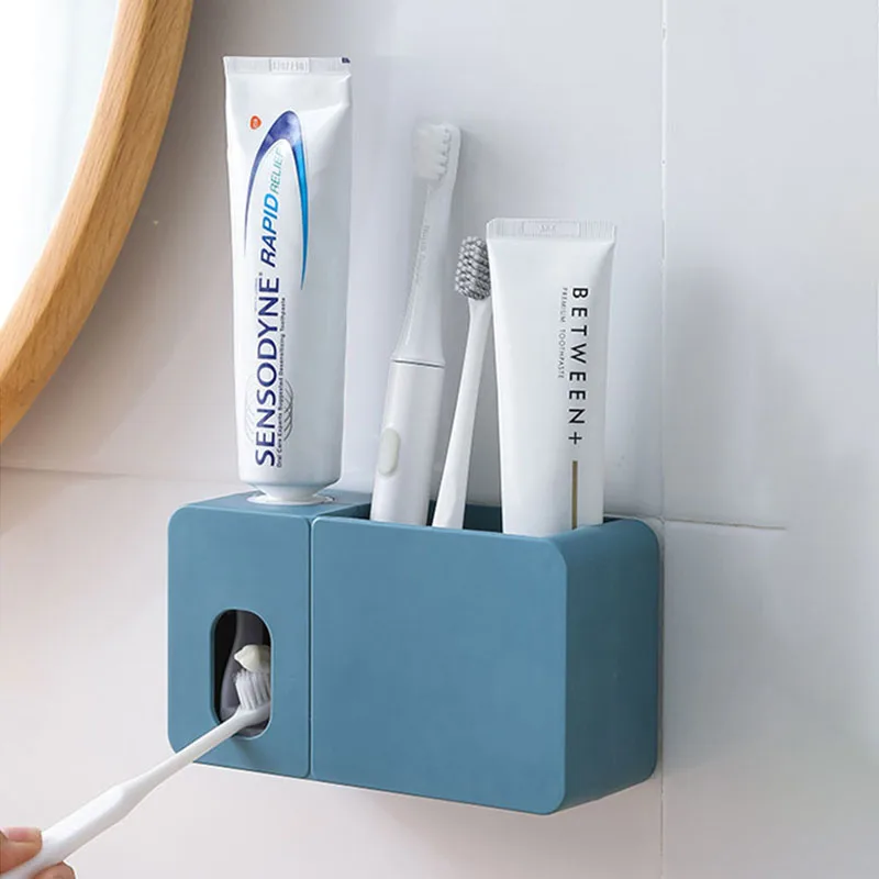 

Multi-Function Bathroom Shelves Toothpaste Dispense Squeezer Automatic Toothbrush Rack Wall-Mounted Punch-Free WC Accessories