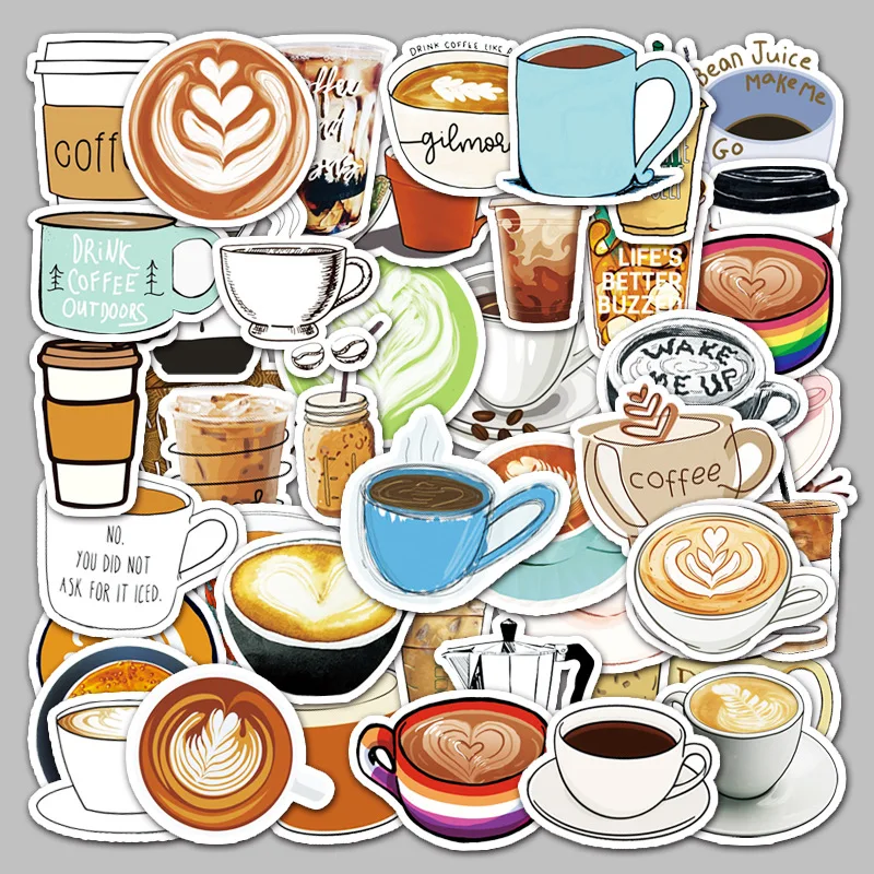 

50 шт. Мультяшные персонализированные наклейки из ПВХ в виде кофейного кофе «сделай сам», настенные художественные наклейки для украшения с...
