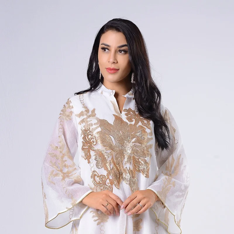 Middle East New Gold Sequin Embroidery Yarn Muslim Women Jalabiya Dubai Arab Eid Al-Fitr Abaya Light Luxury Ladies Party Dress