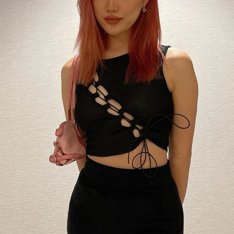 

Black Sexy Hollow Out Summer Women Slim Tanks Short Hip Hop American Y2K Crop Tops Solid O Neck Sleeveless Drawstring Tank