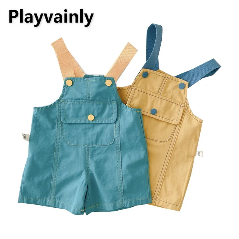 

2022 Summer Baby Girl Boy Overalls Yellow Green Solid Color Sleeveless Square Collar Wide Leg Jumpsuit Kids Loose Clothes E092