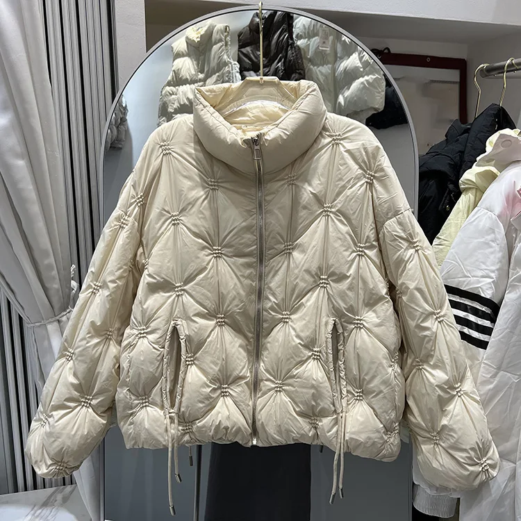 New Pleated Down Jacket Ladies 2022 Stand Collar Warm White Duck Down Jacket Winter Long Sleeve Women Solid Color Coat F746