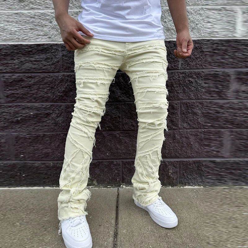 

Модные прямые джинсовые брюки в стиле Стич с бахромой, мужская одежда в стиле хип-хоп, облегающие Однотонные эластичные джинсовые брюки, уличная одежда Y2K, мужские джинсы