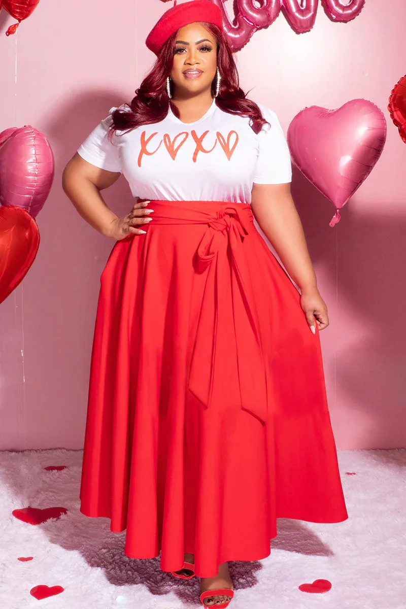 Plus Size New Women's Dress High Waist Lace-up Pocket A-line Skirt Letter Print Long Dress Loose Casual Female Clothes Robe