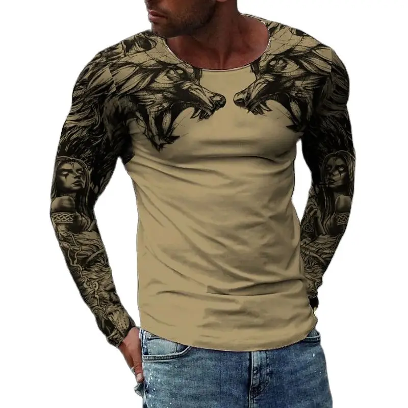 

2023 new men's t-shirt 3d wolf pattern round neck long-sleeved shirt oversized clothing men's gothic hip-hop street t-shirt