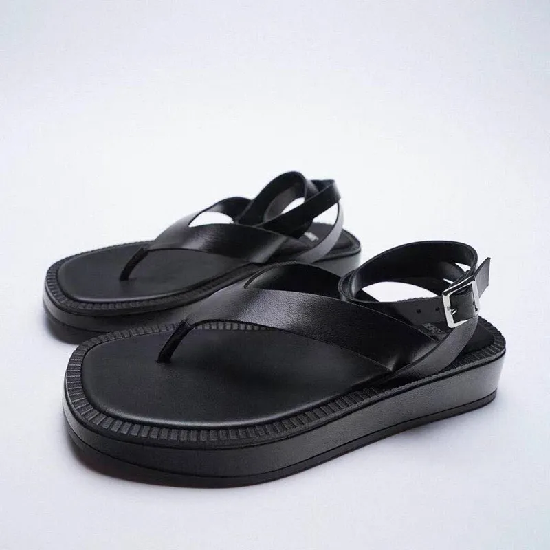 

Summer Women Shoes Black Flat Leather Fashion Sandals Flip-flop Women Sandals Lace-up Thick-soled Ankle Strap Sandals For Women