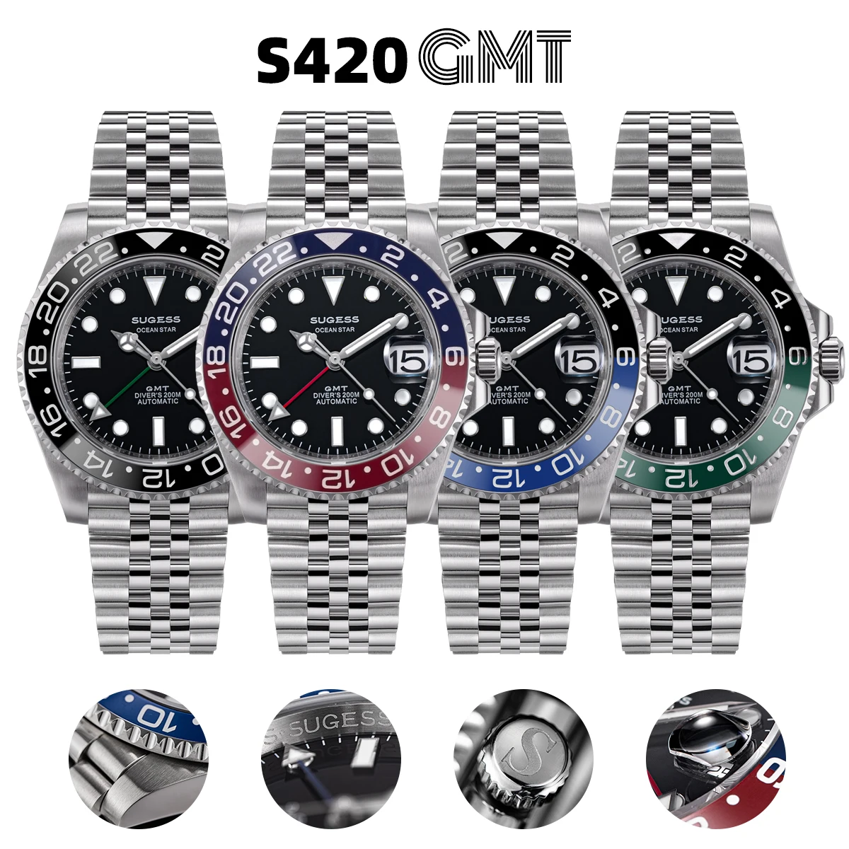 Фото Мужские часы Sugess GMT для дайвинга, автоматические механические водонепроницаемые наручные часы, японский механизм NH34, керамический безель, ремешок Jubille, новинка №2