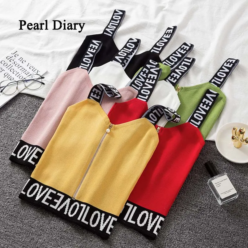 

Pearl Diary All-Match Letter Knitted Tank Crop Top New Style Chic Short Jacquard Weave Sleeveless Tank Top